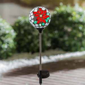 22"H Solar Poinsettia Mosaic Globe Garden Stakes, Red/Green