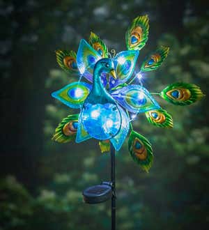 48"H Solar Staked Wind Spinner, Glass Peacock