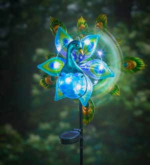 48"H Solar Staked Wind Spinner, Glass Peacock