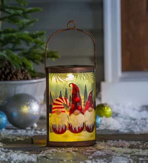 Handpainted Embossed Glass and Metal Solar Lantern, Winter Gnome Trio