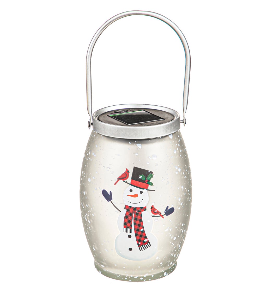 Solar Crackle Glass Lantern, Cheerful Snowman
