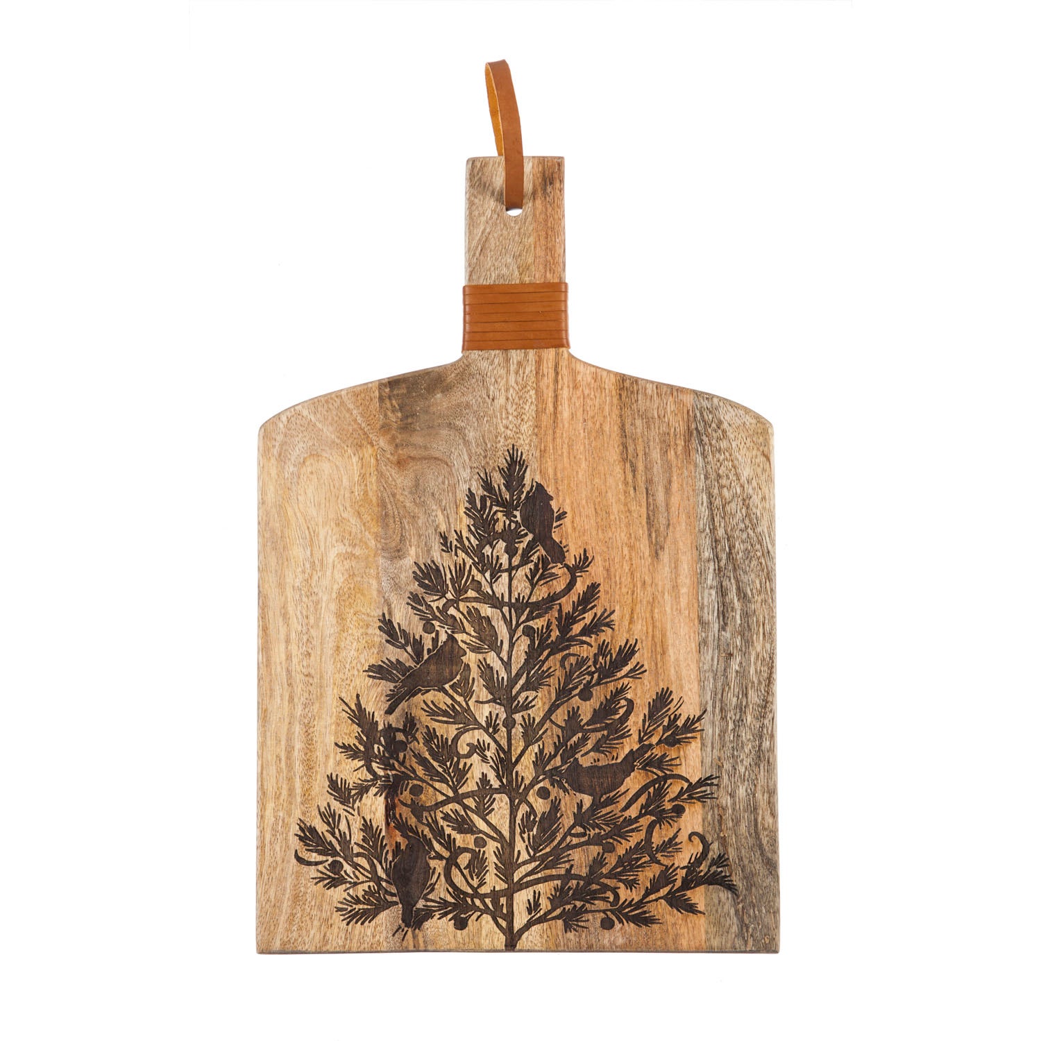 Christmas Heritage Etched Mango Wood Cutting Board with Faux Leather Handle