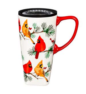 Ceramic FLOMO 360 Travel Cup with box, 17 Oz, Perching Cardinals