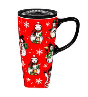 Ceramic FLOMO 360 Travel Cup with box, 17 Oz, Festive Holiday Icons