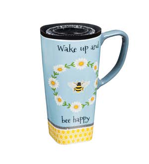 Ceramic FLOMO 360 Travel Cup, 17 oz, Wake Up and Bee Happy