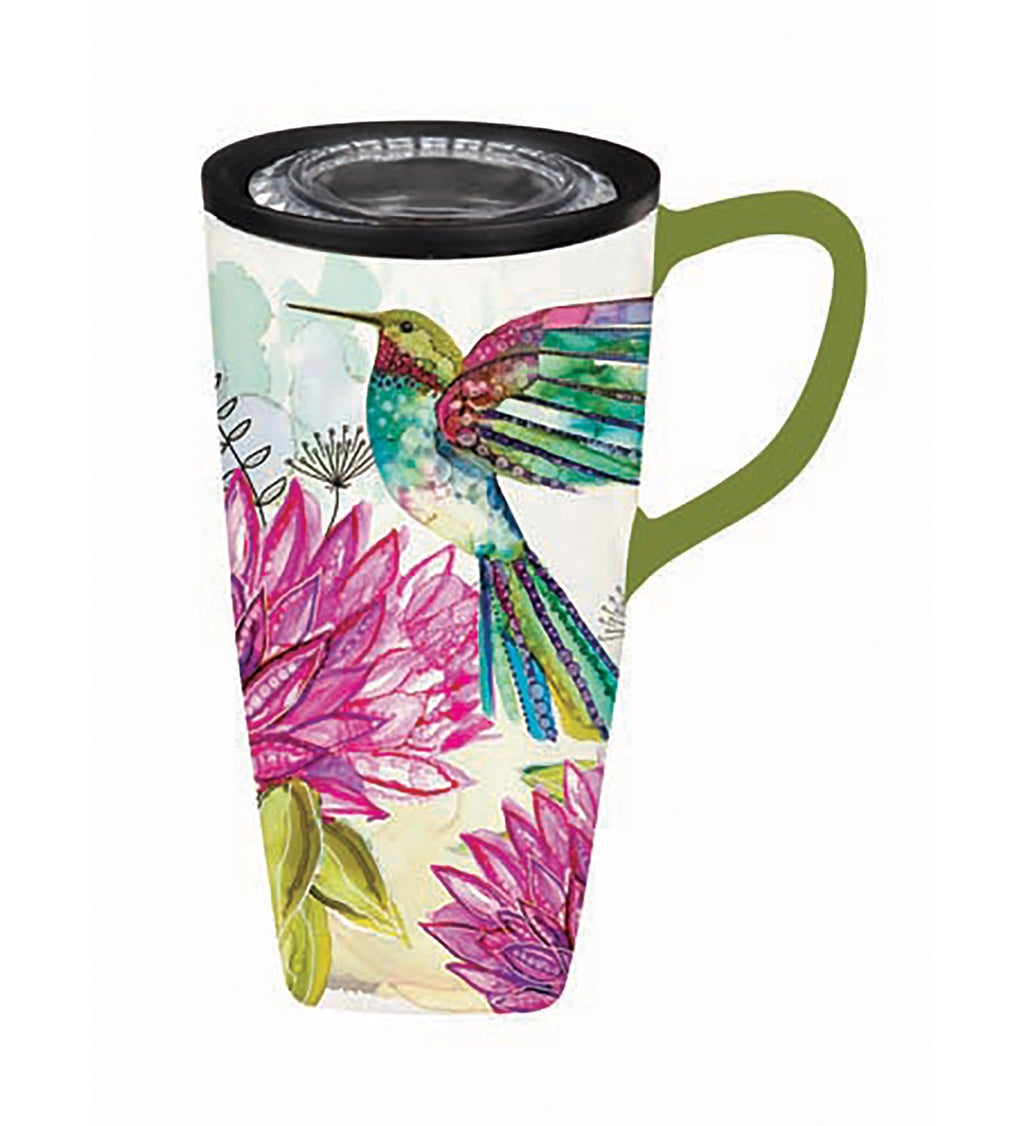 Ceramic FLOMO 360 Travel Cup, 17 Oz, Bright Hummingbird in Flight