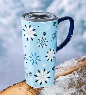 Ceramic FLOMO 360 Travel Cup with box, 17 Oz, Falling Snowflakes