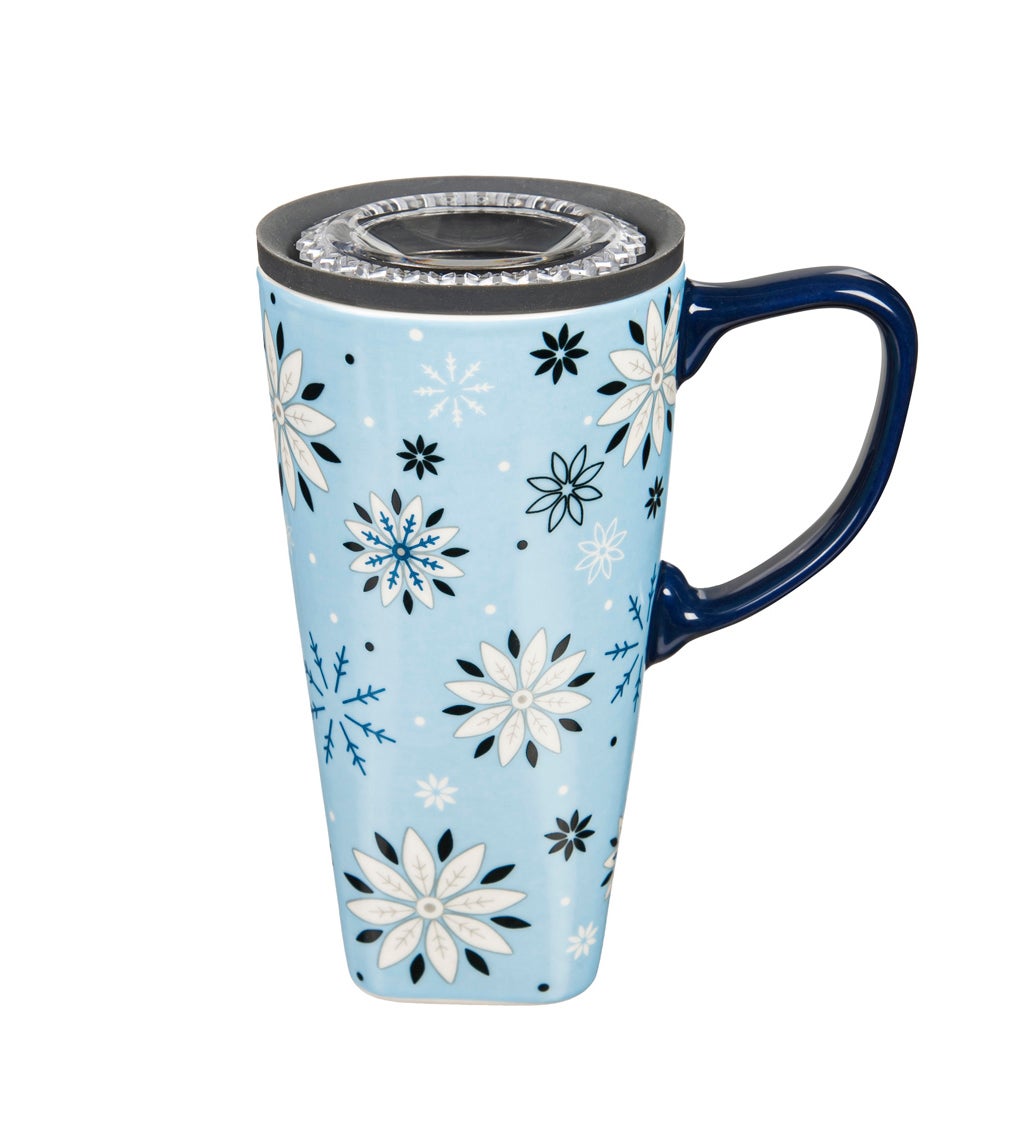 Ceramic FLOMO 360 Travel Cup with box, 17 Oz, Falling Snowflakes