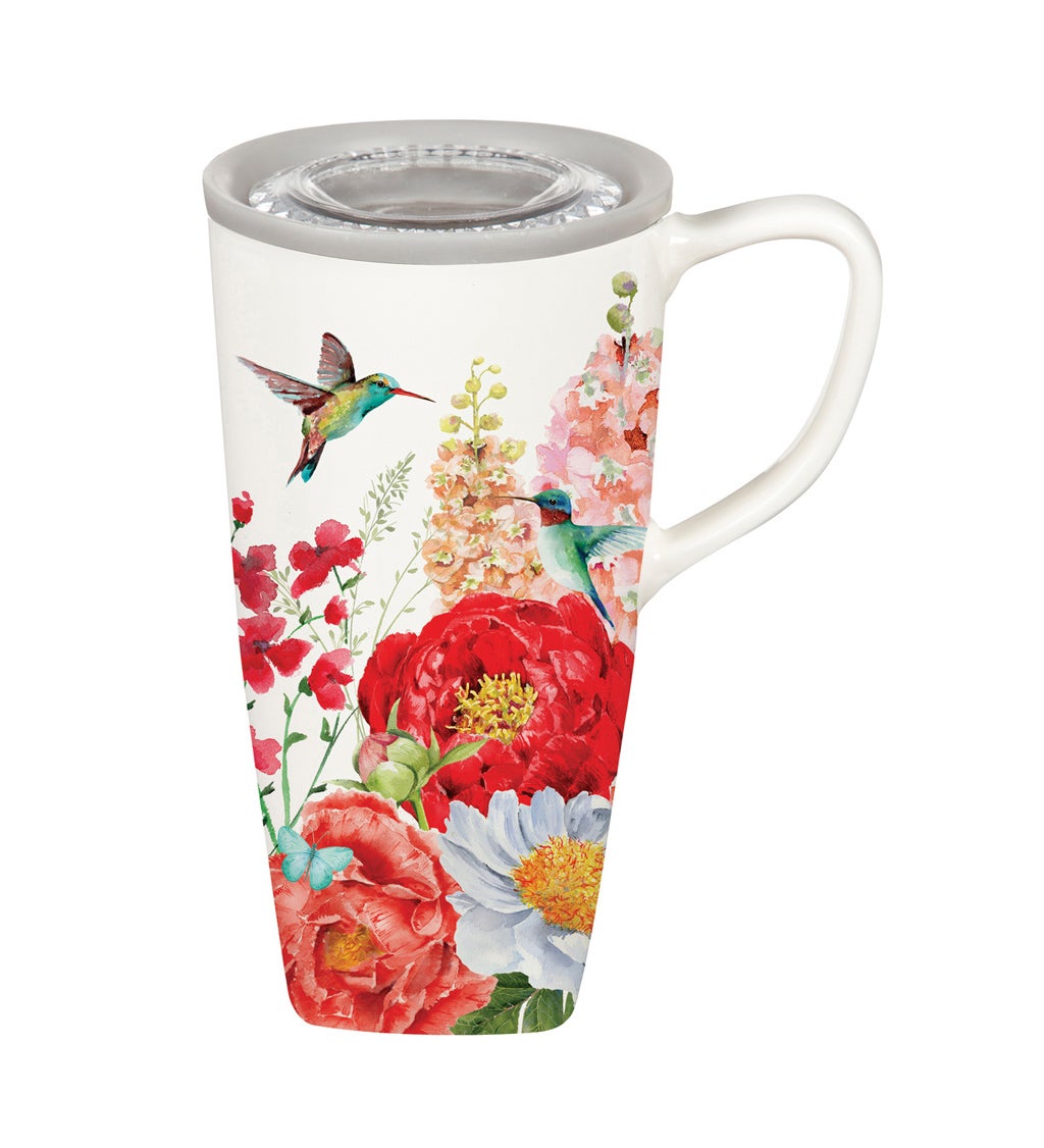 Ceramic FLOMO 360 Travel Cup, 17 Oz, Hummingbird and Peonies
