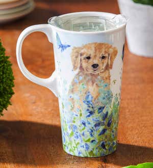 Puppies in the Meadow 17 oz Ceramic Travel Cup with box and Tritan Lid