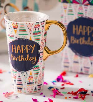 Ceramic Travel Cup with box and Tritan Lid, 17 oz, Birthday Confetti