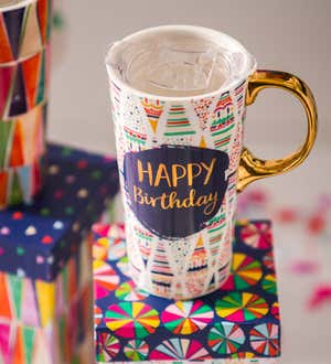 Ceramic Travel Cup with box and Tritan Lid, 17 oz, Birthday Confetti