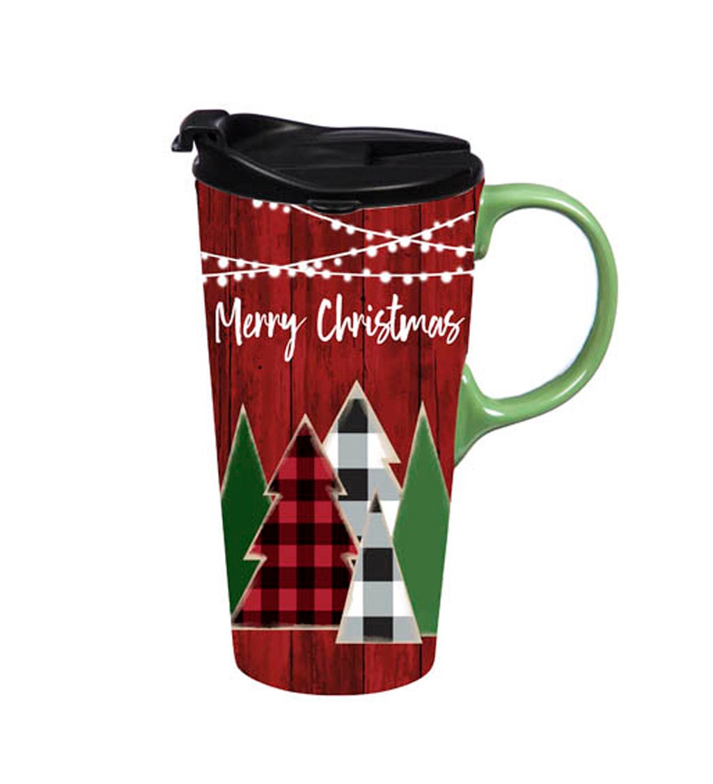 Ceramic Travel Cup with box, 17 Oz, Merry Christmas Cabin