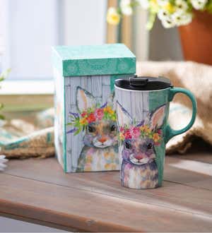 Ceramic Travel Cup, 17 oz. ,w/box, Bunny with Flower Halo
