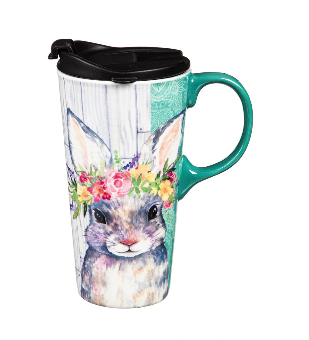 Ceramic Travel Cup, 17 oz. ,w/box, Bunny with Flower Halo