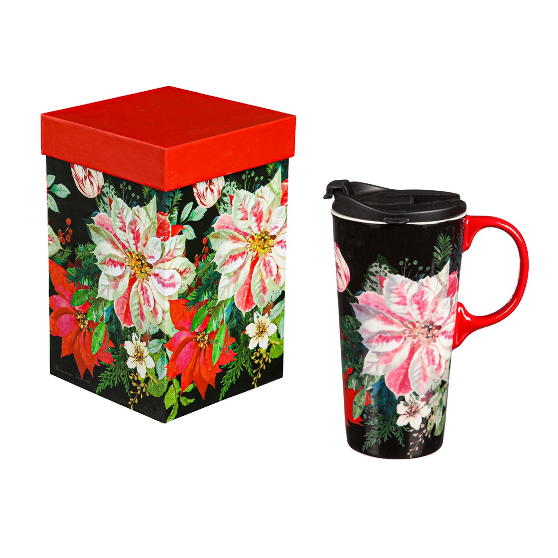Ceramic Travel Cup with box, 17 Oz, Lush Christmas Florals