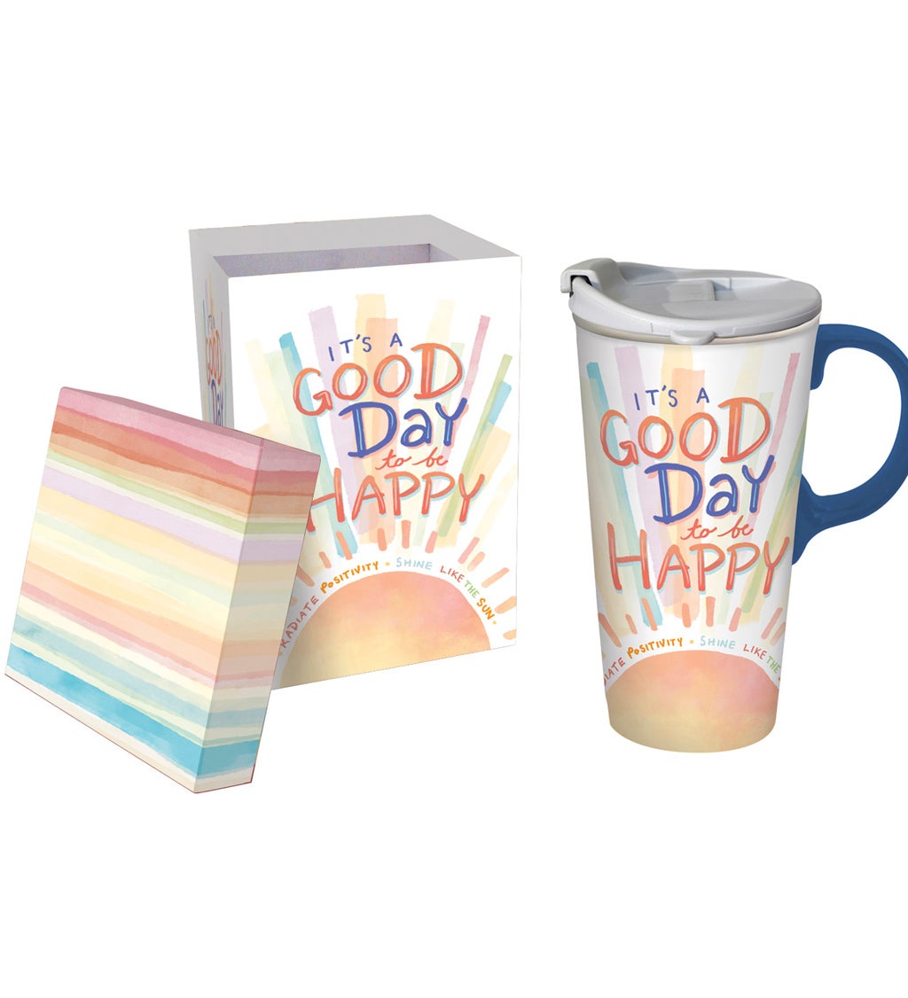 Ceramic Travel Cup with box, 17 oz, It's A Good Day To Be Happy