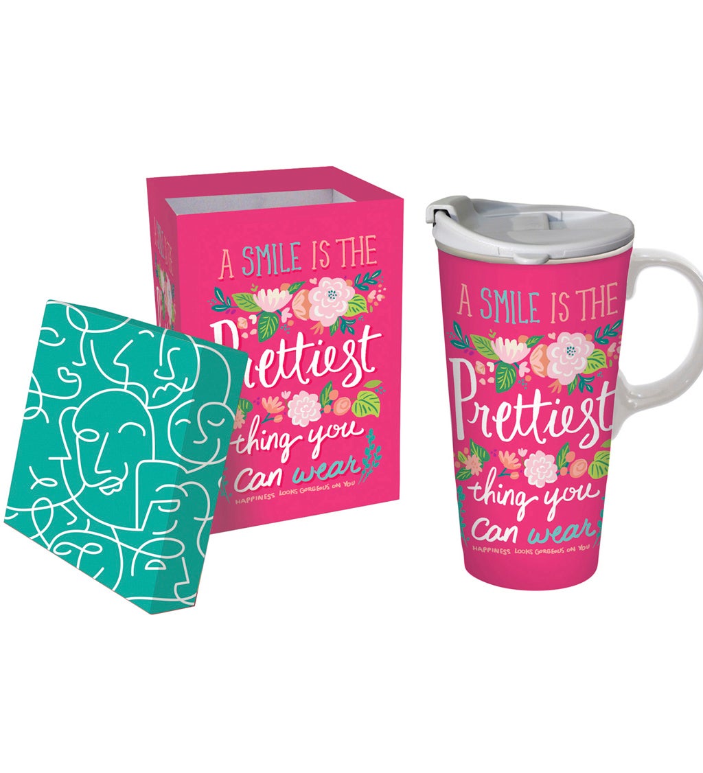 Ceramic Travel Cup With Box, 17 Oz, A Smile Is the Prettiest Thing You Can Wear