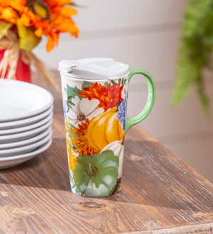 Ceramic Travel Cup with box, 17 Oz, Pumpkin Floral