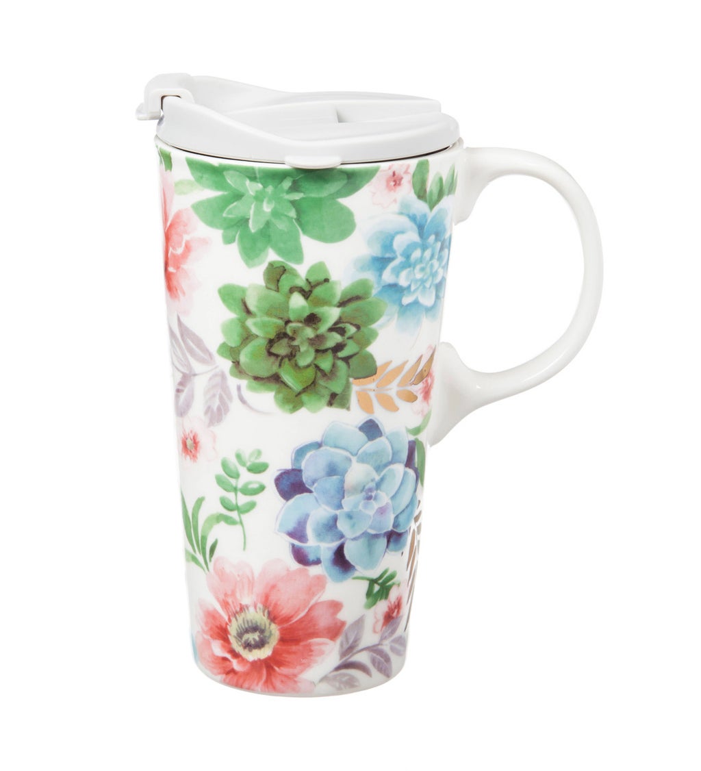 Ceramic Travel Cup With Box, 17 Oz, Fresh Succulents