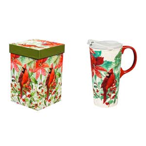 Ceramic Travel Cup Cardinal and Poinsettia