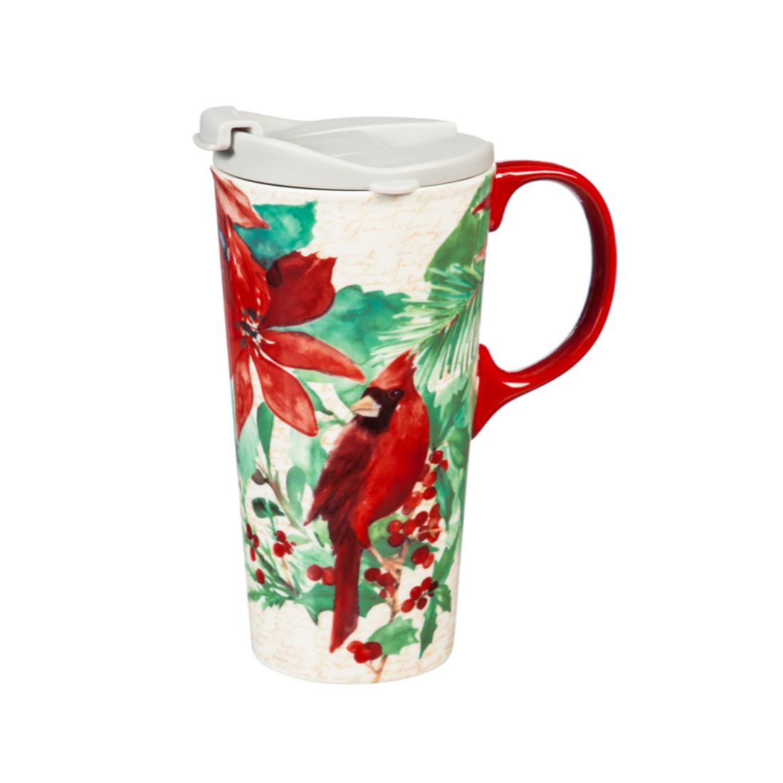 Ceramic Travel Cup Cardinal and Poinsettia