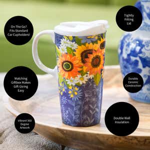 Sunflowers and Daisies Ceramic 17 oz. Travel Cup with Gift Box