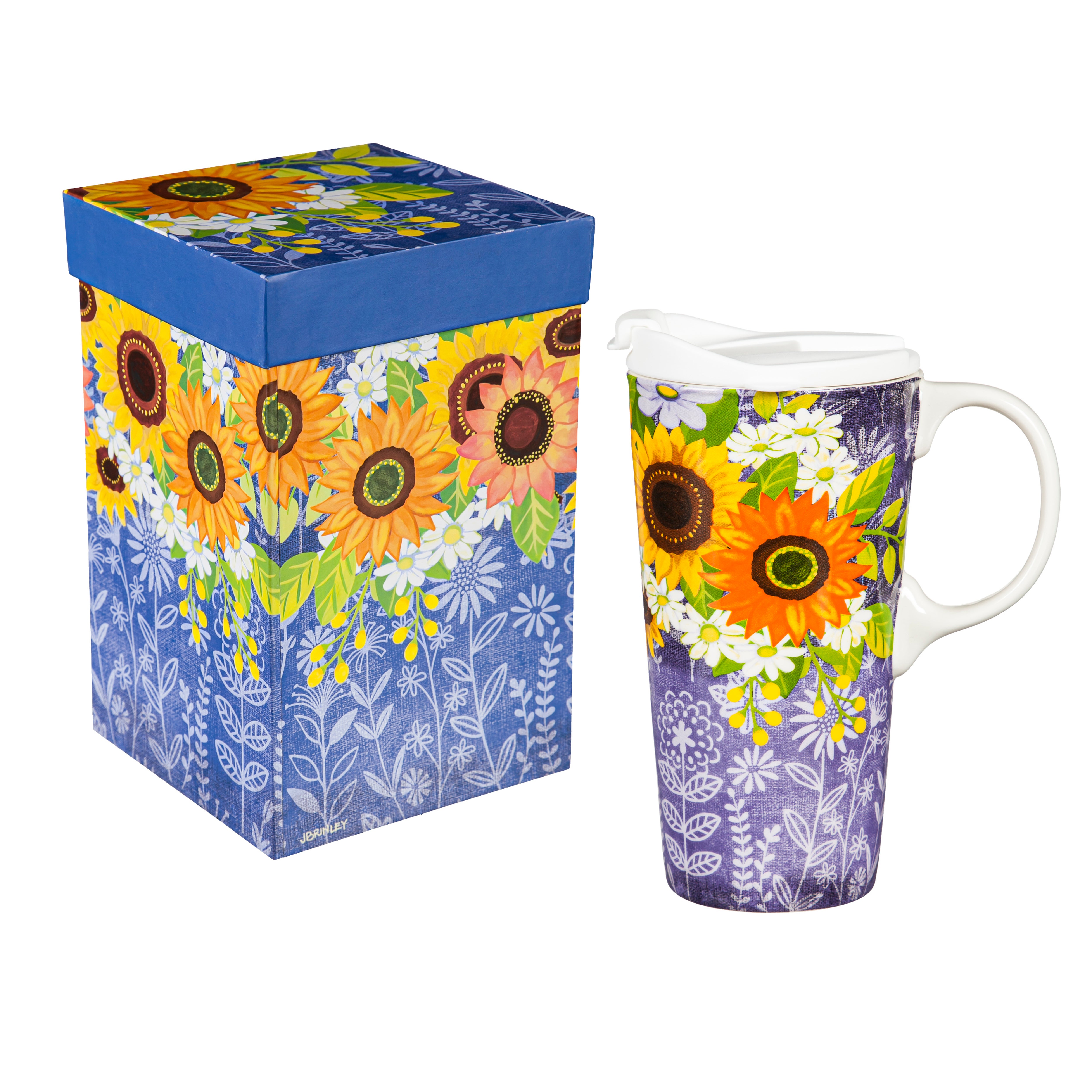 Sunflowers and Daisies Ceramic 17 oz. Travel Cup with Gift Box