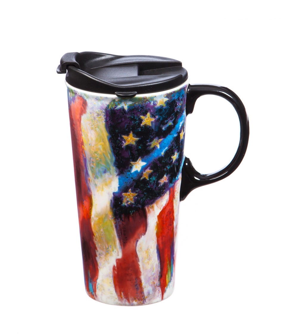 Ceramic Travel Cup With Box, 17 Oz, American Flag