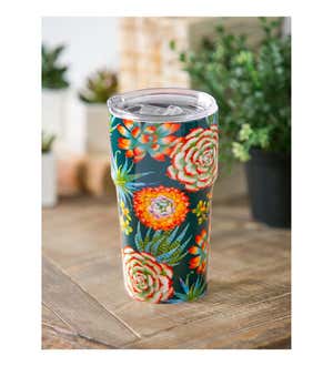 Double Wall Ceramic Companion Cup with Tritan Lid, 13 oz, Succulent Toss