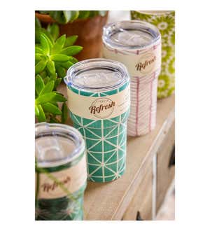 Double Wall Ceramic Companion Cup with Tritan Lid, 13 oz, Geometric Teal Pattern