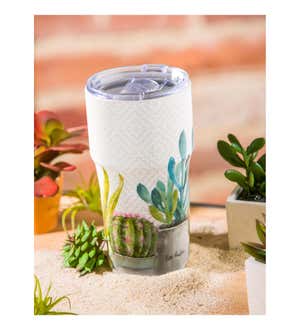 Double Wall Ceramic Companion Cup with Tritan Lid, 13 oz, Watercolor Desert Cactus