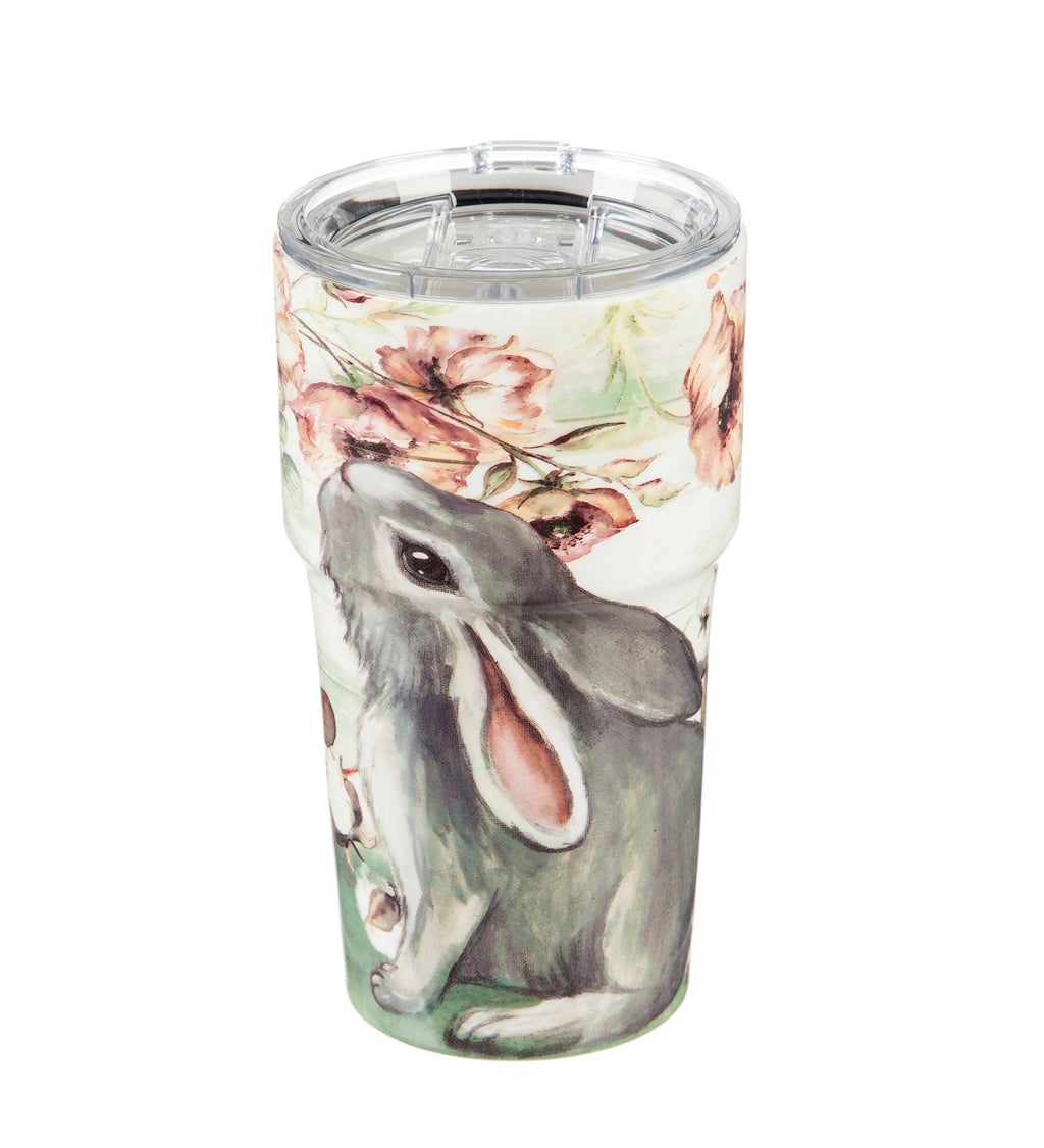 Double Wall Ceramic Companion Cup with Tritan Lid, 13 oz, Farmhouse Bunny