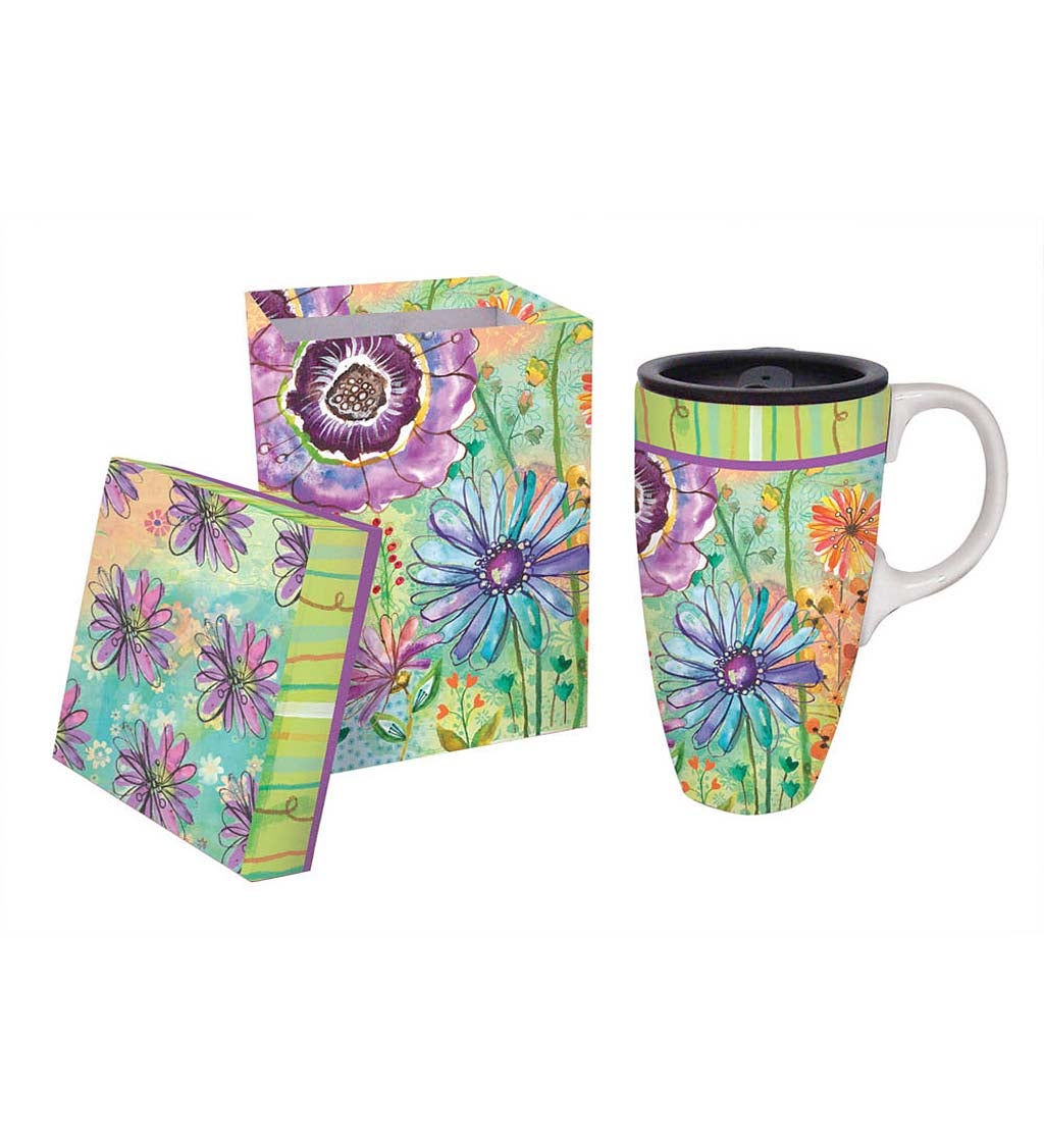 Watery Flower Blooms Ceramic Latte Travel Cup with Gift Box