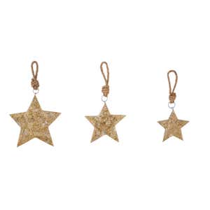 Wooden Star Ornaments with Gold and Rope Hanging Cord Set of 3