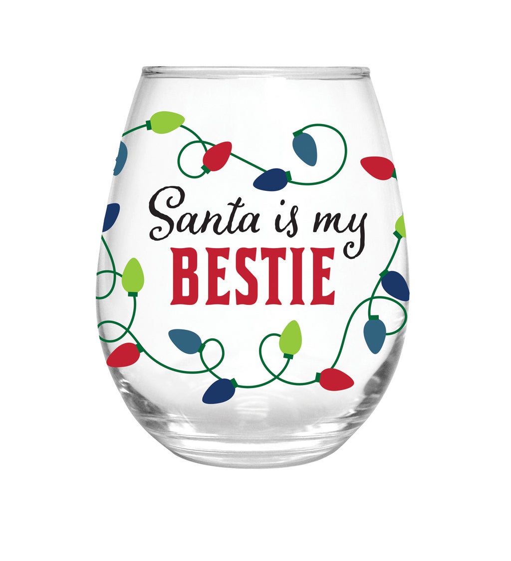 Stemless Wine Glass with box, 17 Oz, Santa is my bestie