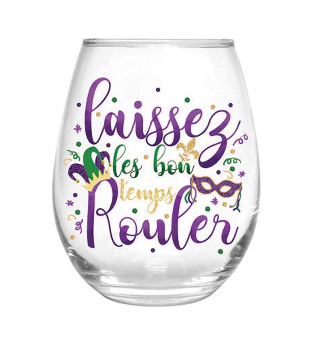 Stemless Wine Glass with box, 17 Oz, Laissez les bon temps Rouler