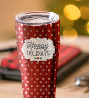 Double Wall Stainless Steel Cup, 17 oz, Happy Holidays with Dots