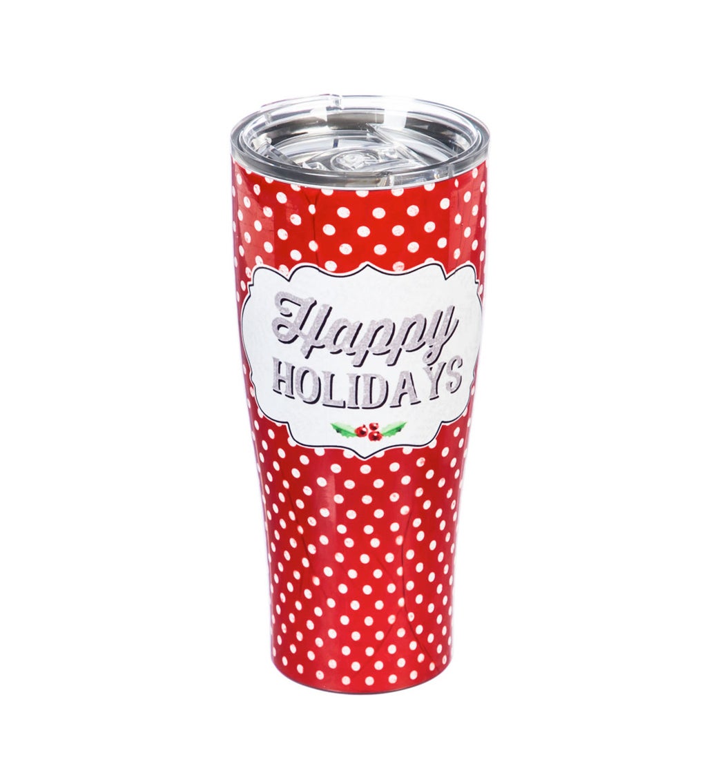 Double Wall Stainless Steel Cup, 17 oz, Happy Holidays with Dots