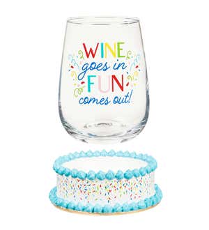 Stemless Wine Glass with Coaster Base, 17 oz, Wine Goes In