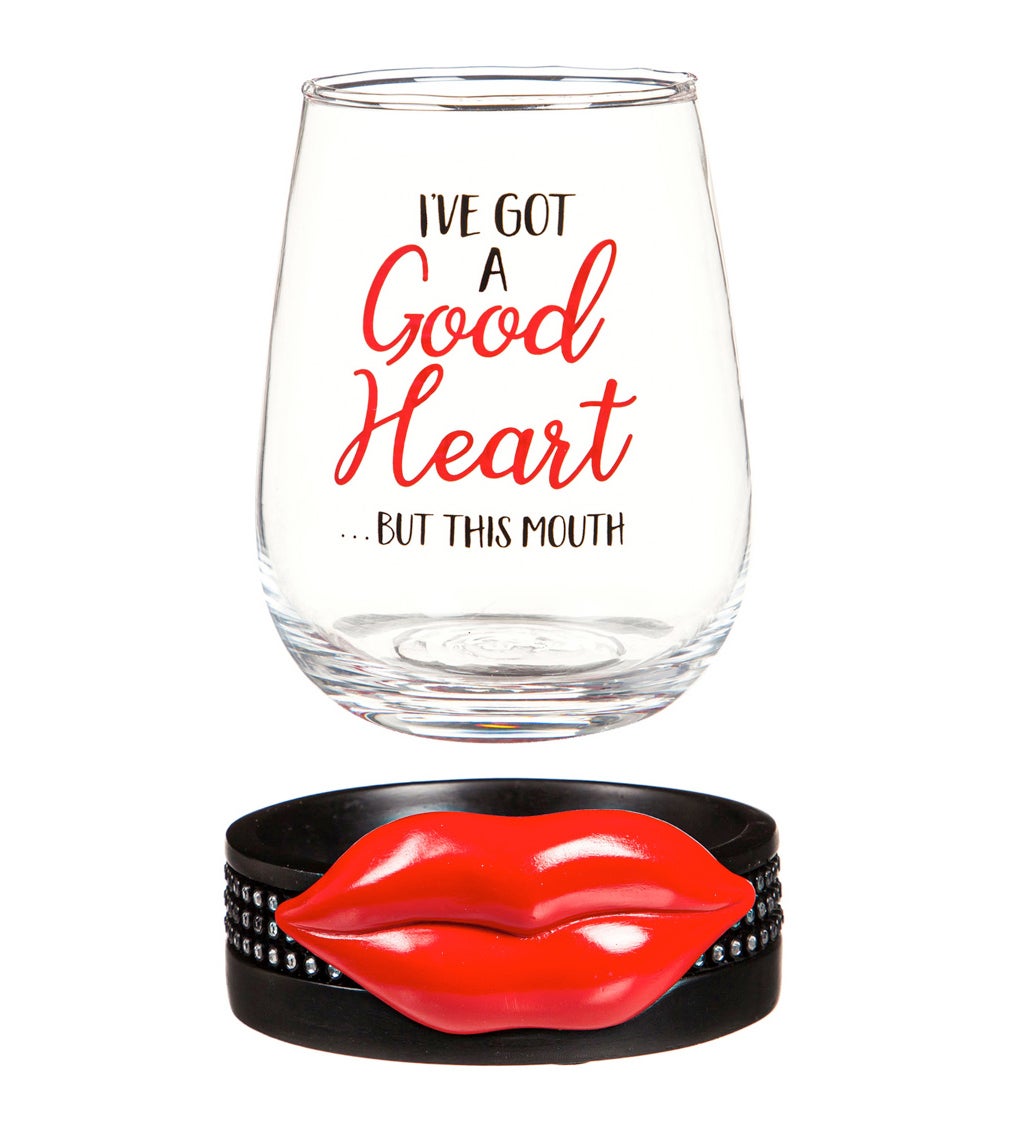 Stemless Wine Glass with Coaster Base, 17 oz, Good Heart