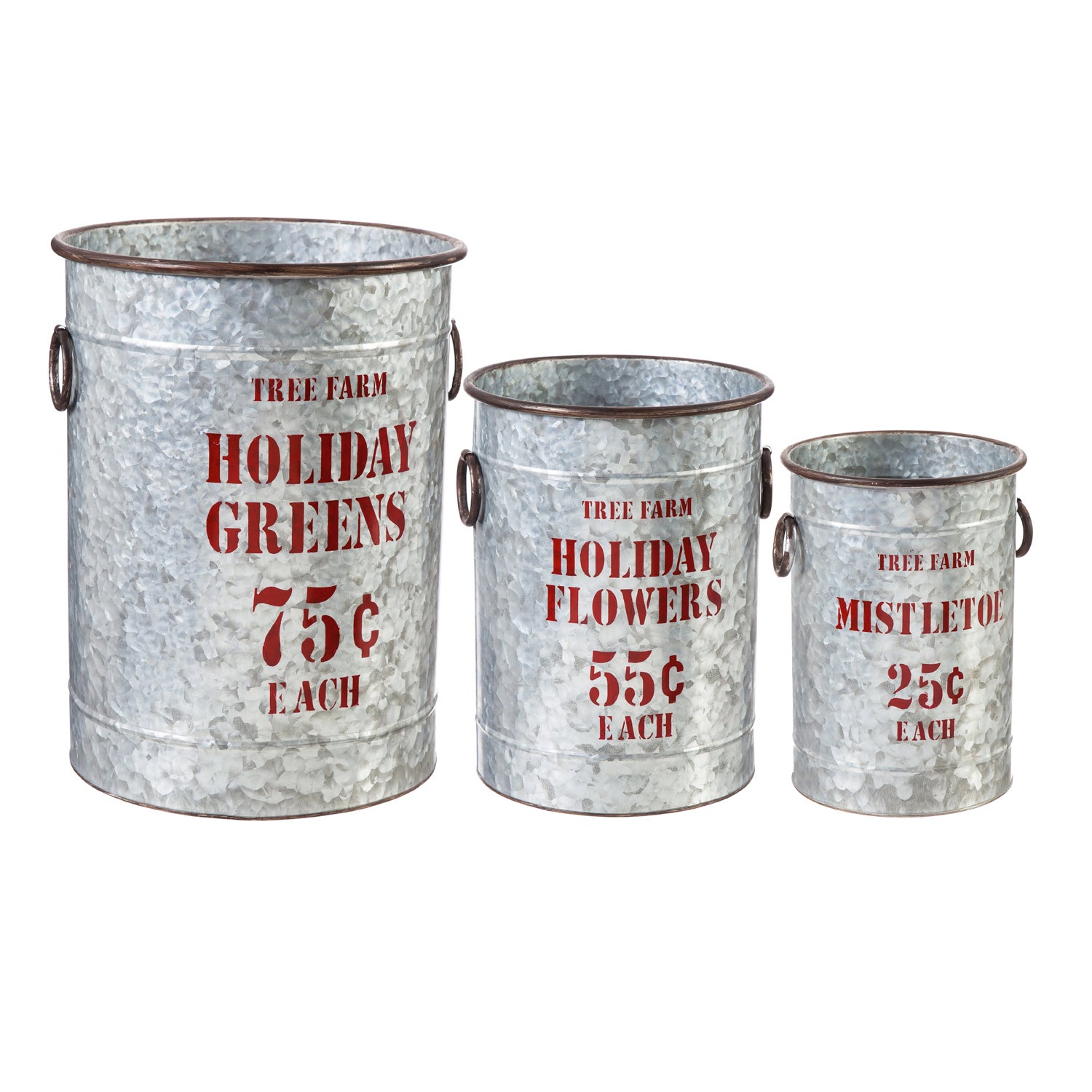 Rustic Holiday Tree Farm Galvanized Metal Bucket Planters, Set of 3