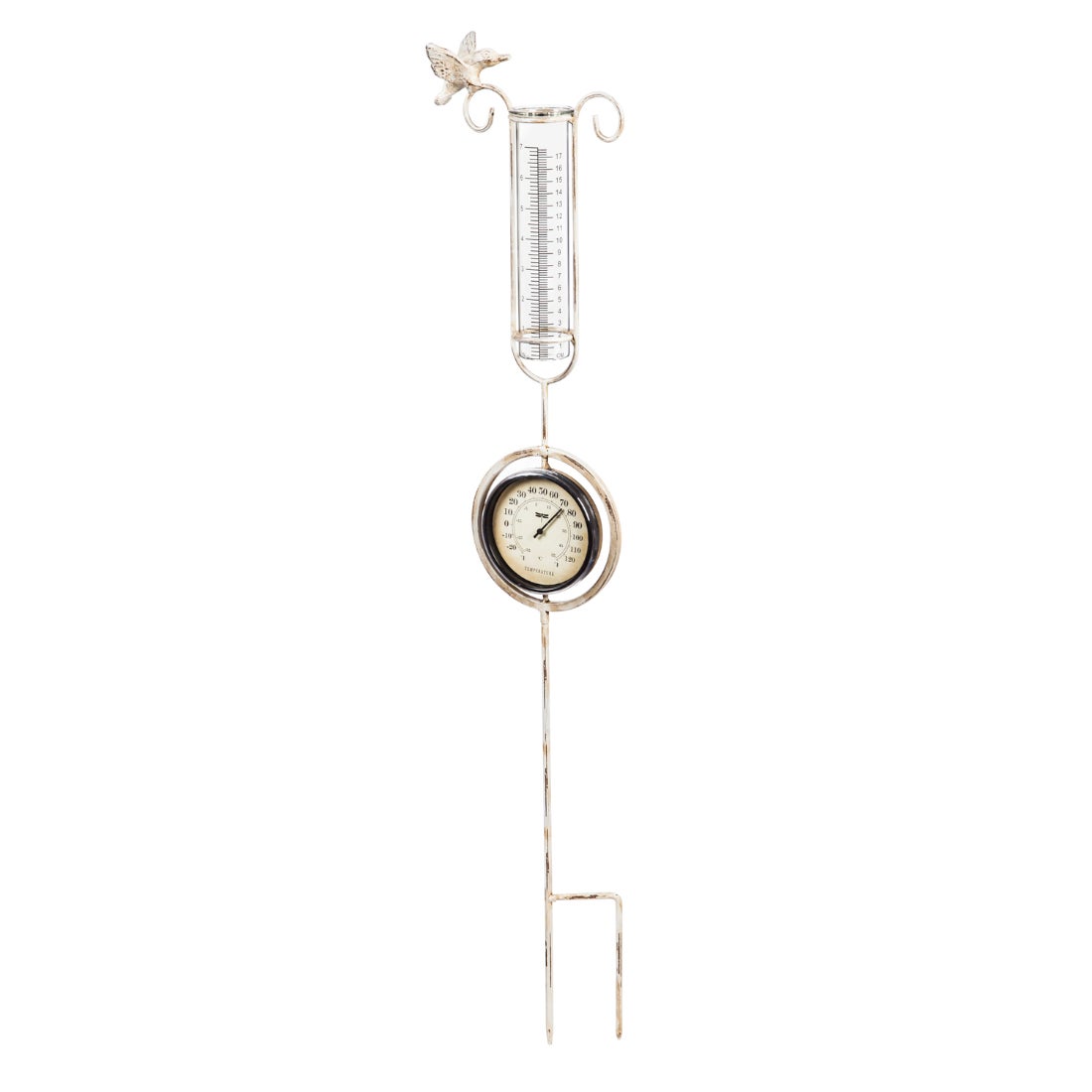 Antique White Metal Thermometer and Rain Gauge Stake