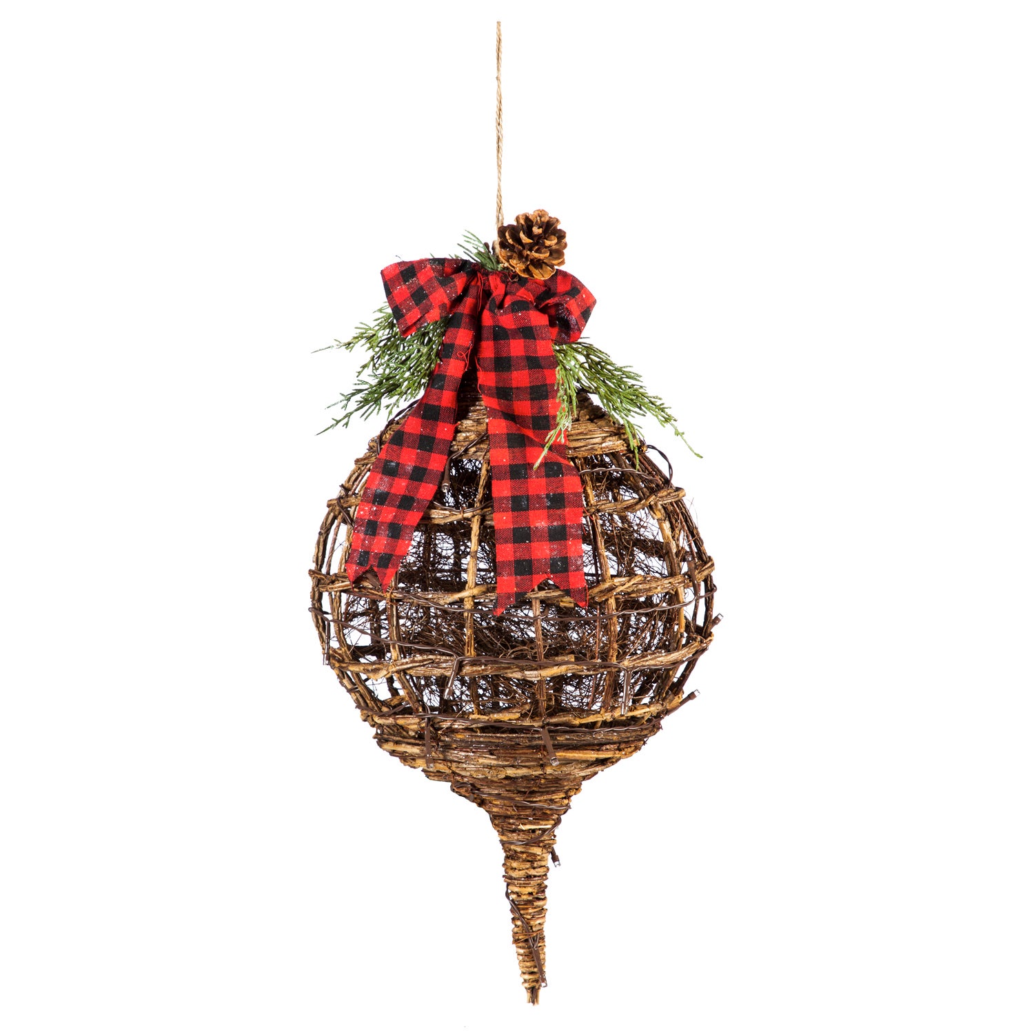 Red Plaid Ribbon and Vine Sphere Outdoor-Safe 20.5" Illuminated Ornament