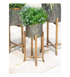 Corrugated Galvanized Metal Planters with Wooden Stand, Set of 3