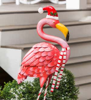 40"H Metal Santa Flamingo Garden Statuary
