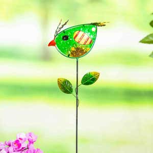 Colorful Metal and Glass Bird Garden Stakes, Green