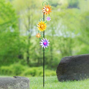 55"H Garden Stake with Spinning Flowers, Sunrise Trio