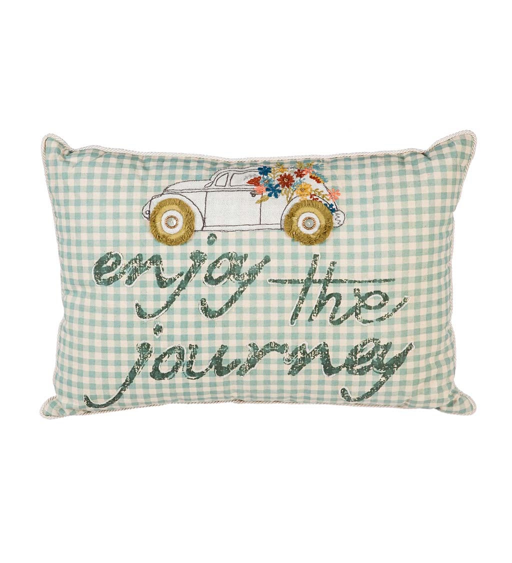 White with Blue Stripes Lumbar Pillow with Car, "Enjoy The Journey"