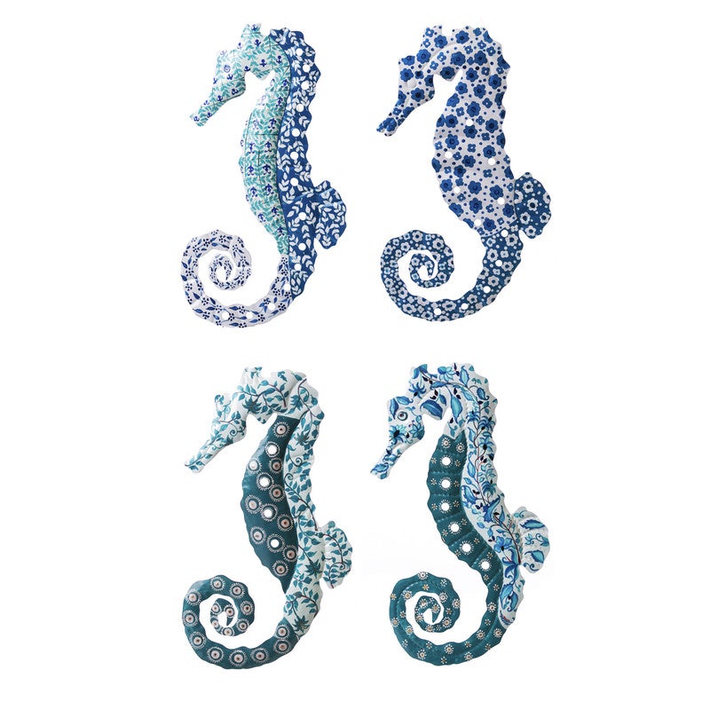 Handpainted Blue and White Metal Seahorses, Set of 4